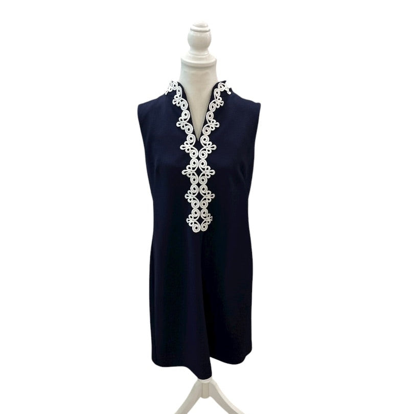 Vince Camuto Navy Blue and White Embroidered V-Neck Shift Dress Size 14