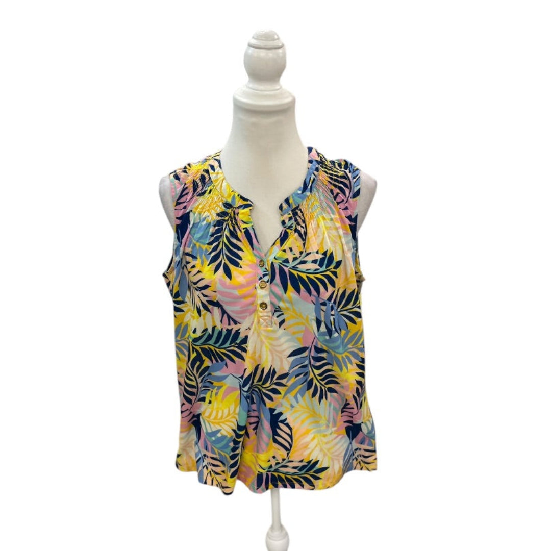 Stella Parker Yellow Pink and Navy Blue Palm Branch Sleeveless Top Size Large