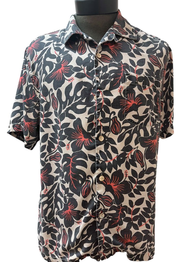 Tommy Bahama IslandZone Terra Fronds Black & Gray Camp Shirt Size Medium