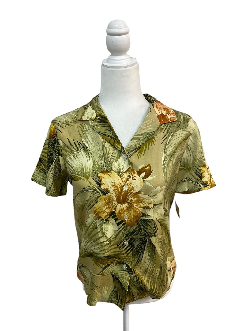 Tommy Bahama 100% Silk Hawaiian Green Tropical Tops Size Small