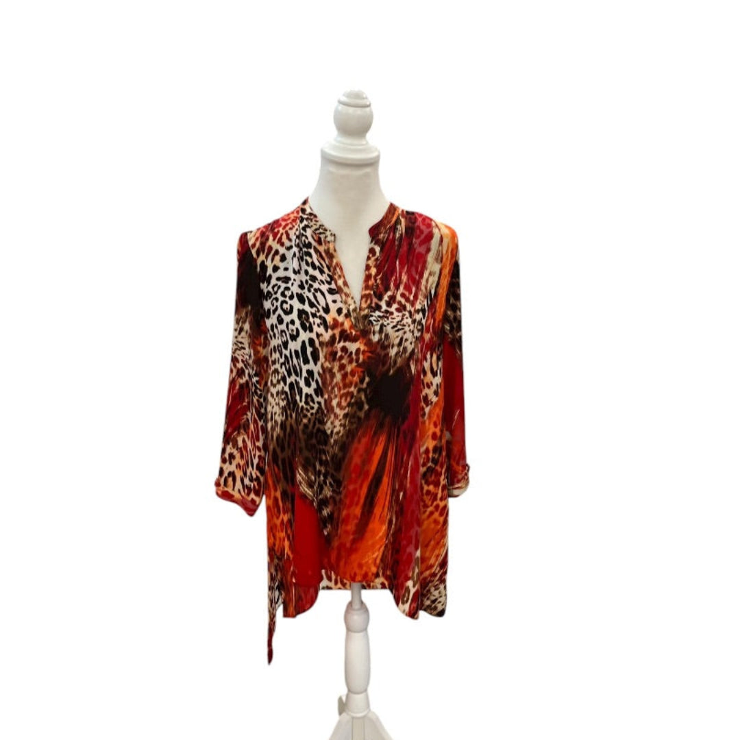 New Directions Red Sheer Animal Print Tunic Top Size Large