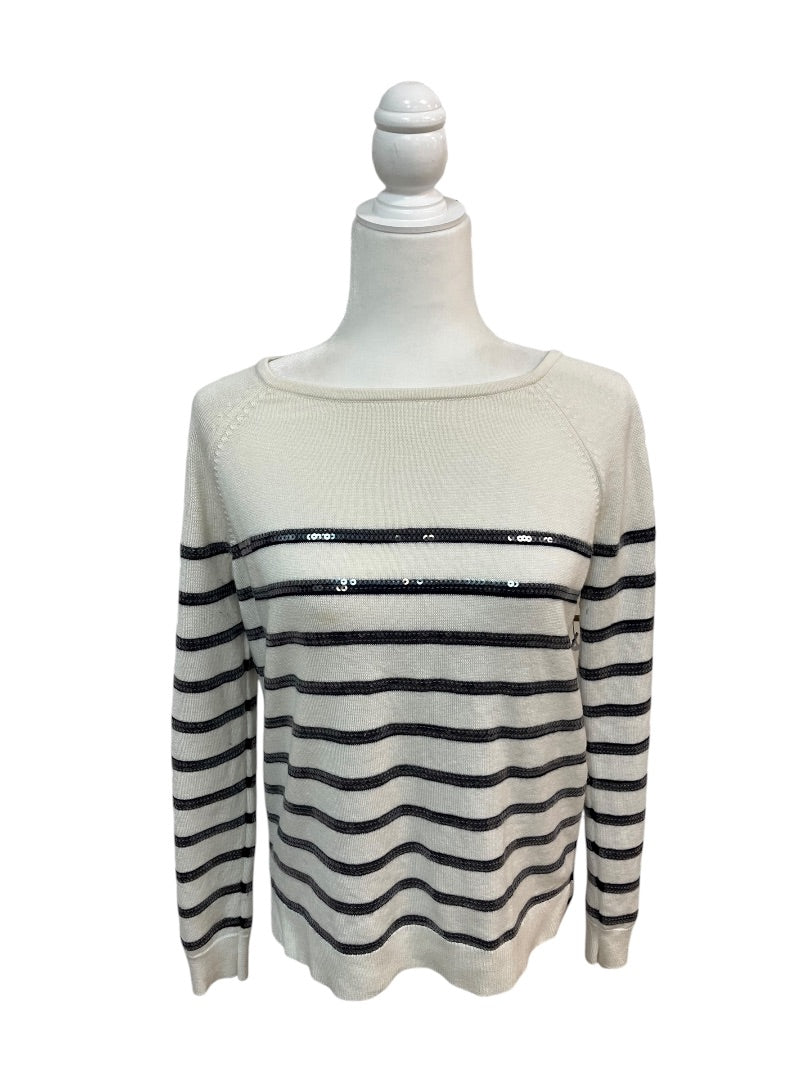 Ann Taylor White and Blue Sequined Striped Sweater Size Small