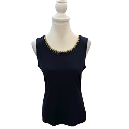 Michael Kors Navy Blue Sleevless Top with Gold Chain Neckline Size Small