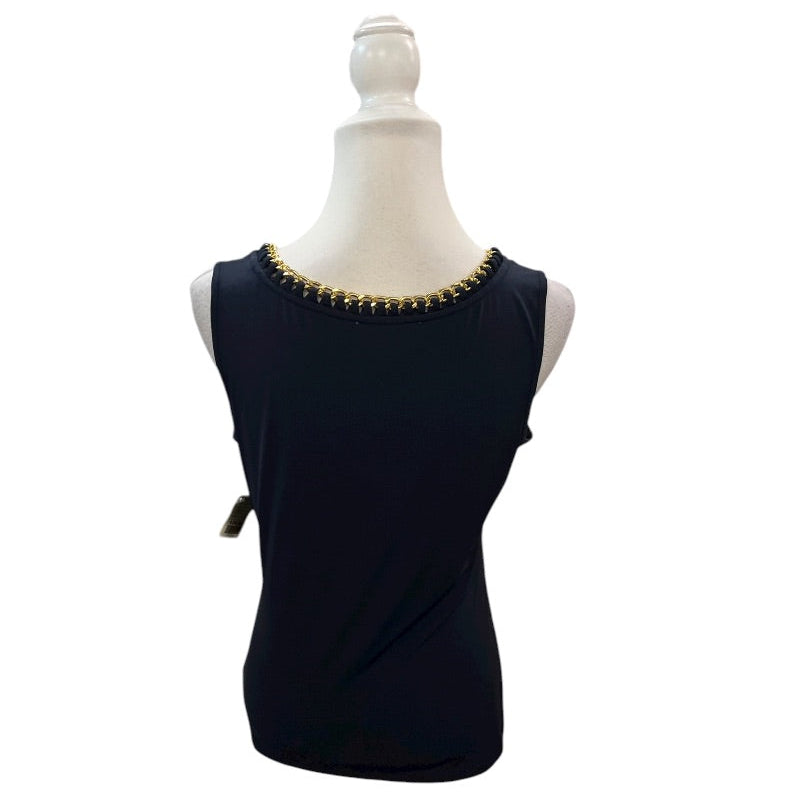 Michael Kors Navy Blue Sleevless Top with Gold Chain Neckline Size Small