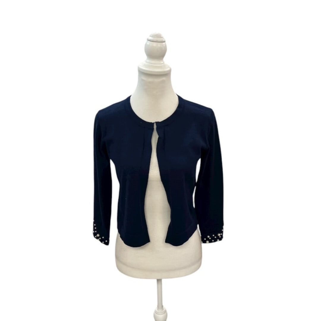 Nina Leonard Crew Neck Hook Closure 3/4 Sleeve Embellished Cuff Solid Knit Bolero Sweater Size Small