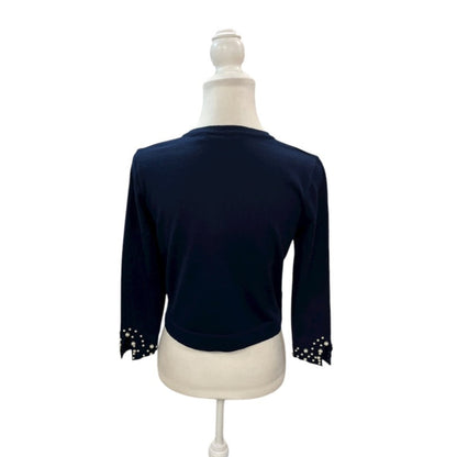 Nina Leonard Crew Neck Hook Closure 3/4 Sleeve Embellished Cuff Solid Knit Bolero Sweater Size Small
