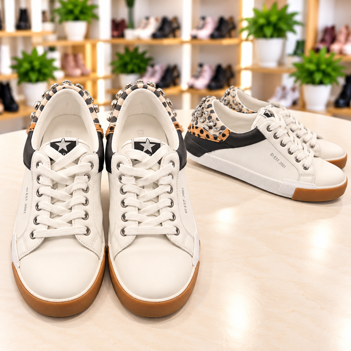 Gianni Bini White Sneakers with Rhinestone &amp; Animal Print Accents – Size 8.5