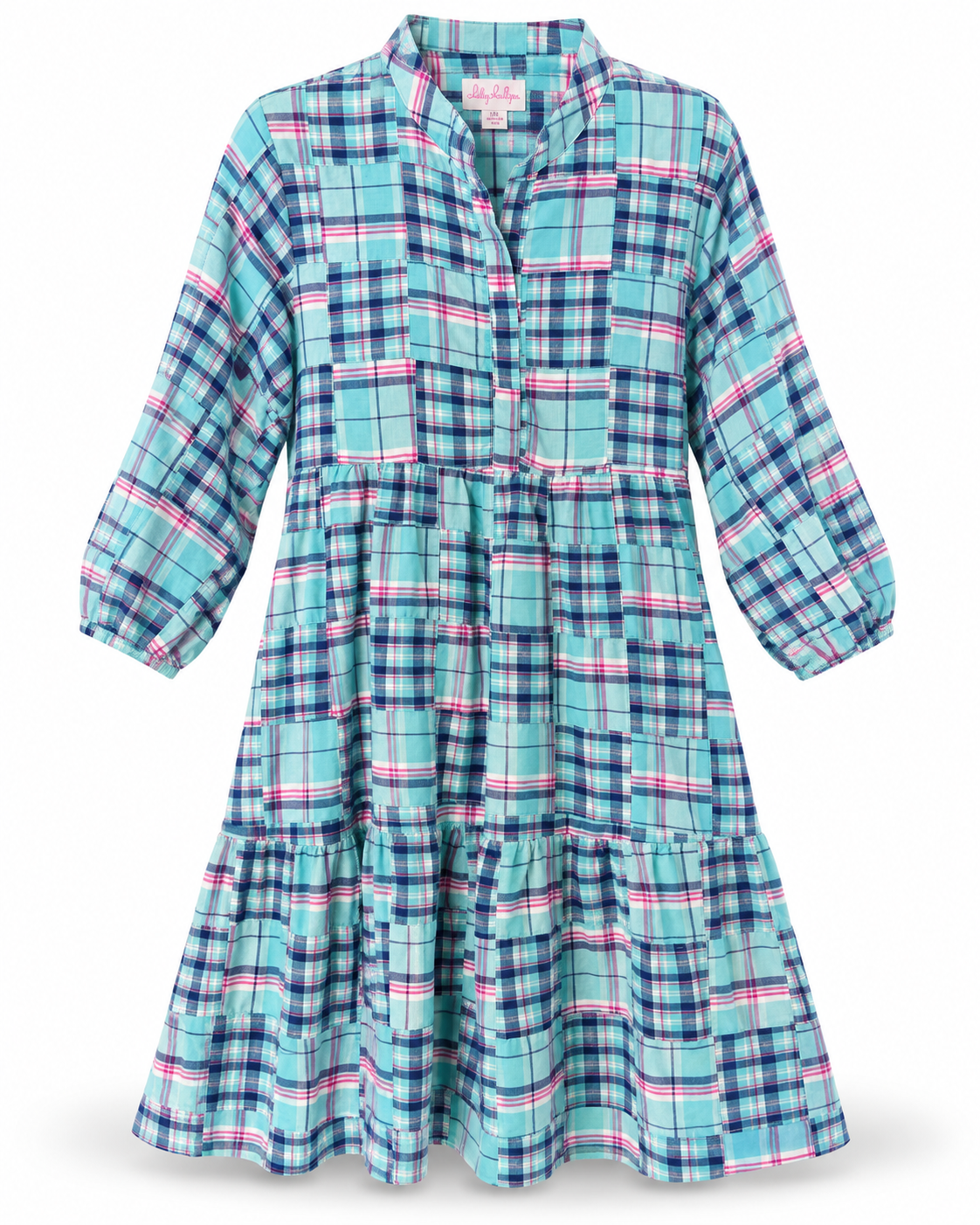 Mary Marshmallow Aqua Madras Plaid Tiered Dress – Size L/XL