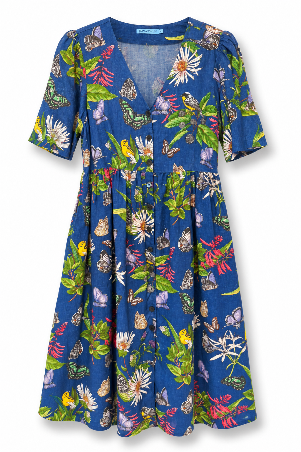 J.McLaughlin Blue Floral & Butterfly Print Button-Front Dress – Size Medium