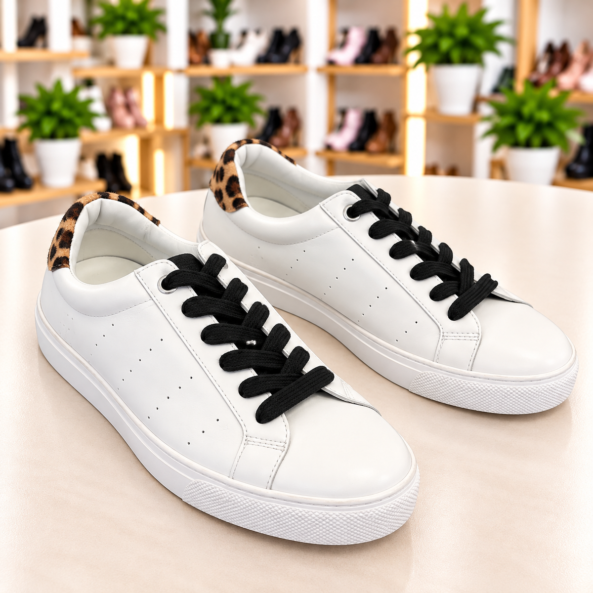 J.Crew White Sneakers with Black Laces & Leopard Print Accents – Size 10