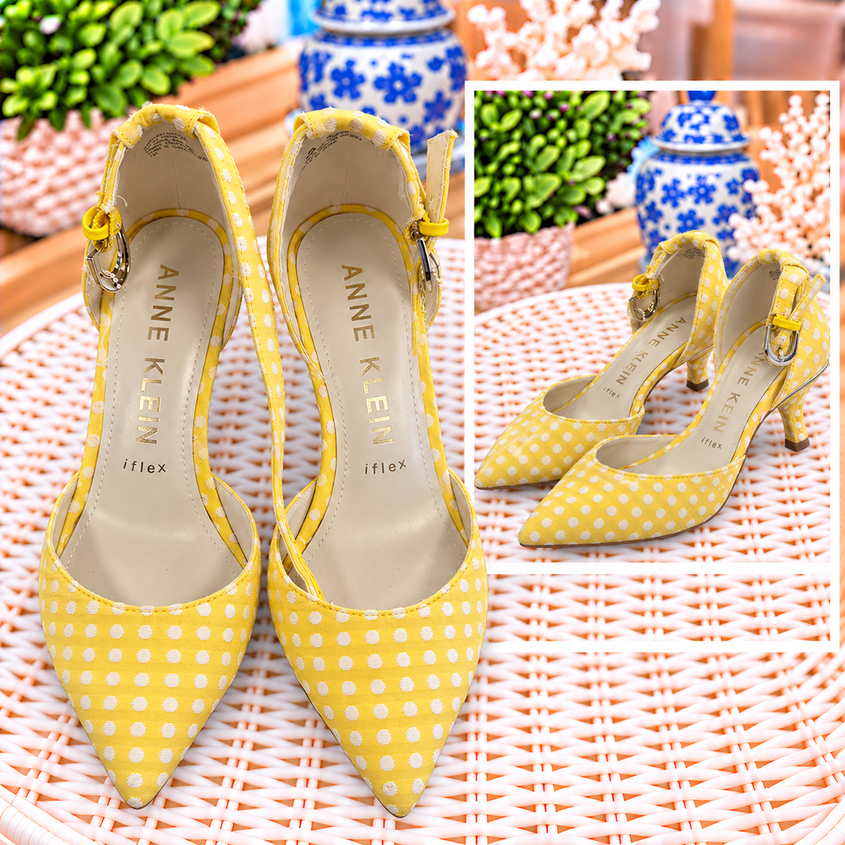 Anne Klein Yellow Polka-Dot Kitten Heels – Size 9.5