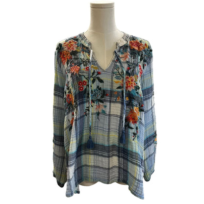 Johnny Was Norah Effortless Peasant Blue Plaid & Floral Embroidered Boho Style Top Size Small