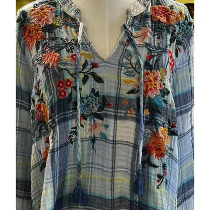 Johnny Was Norah Effortless Peasant Blue Plaid & Floral Embroidered Boho Style Top Size Small