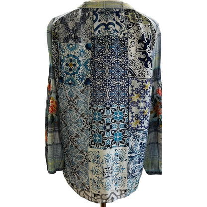 Johnny Was Norah Effortless Peasant Blue Plaid & Floral Embroidered Boho Style Top Size Small