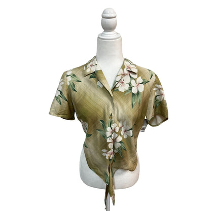 Tommy Bahama Womens Green Tropical Silk Button-Up Front Tie Top Size 8