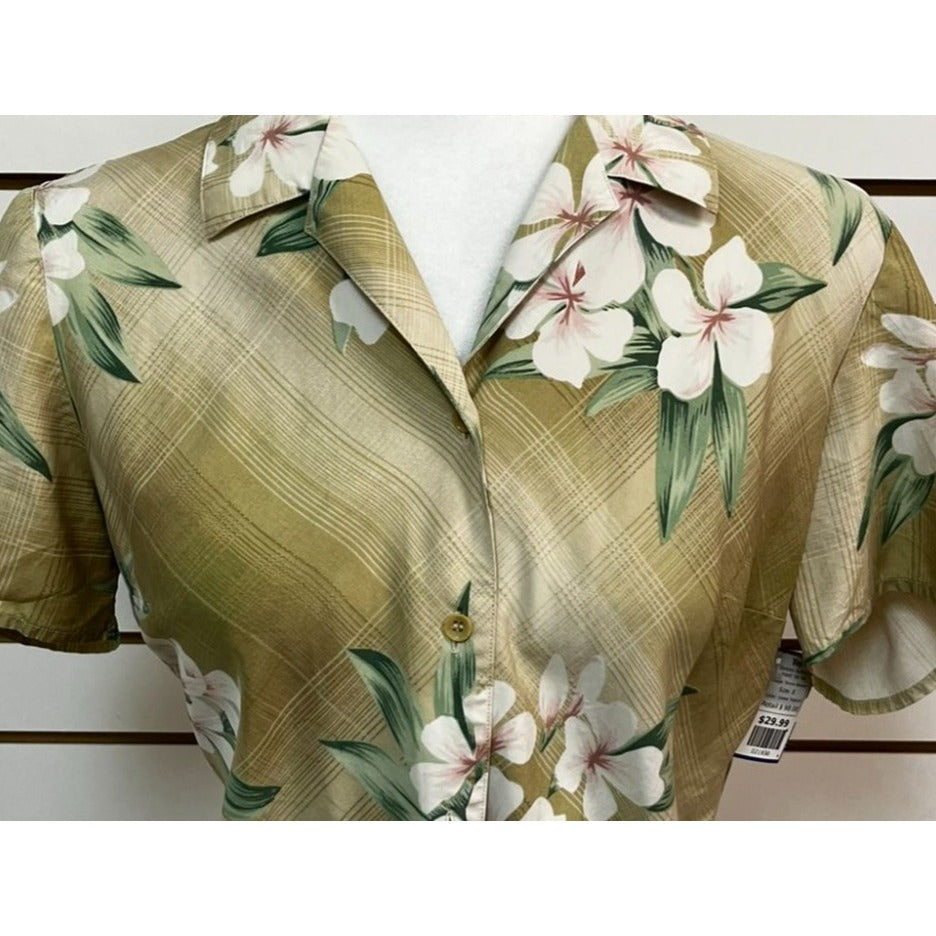 Tommy Bahama Womens Green Tropical Silk Button-Up Front Tie Top Size 8