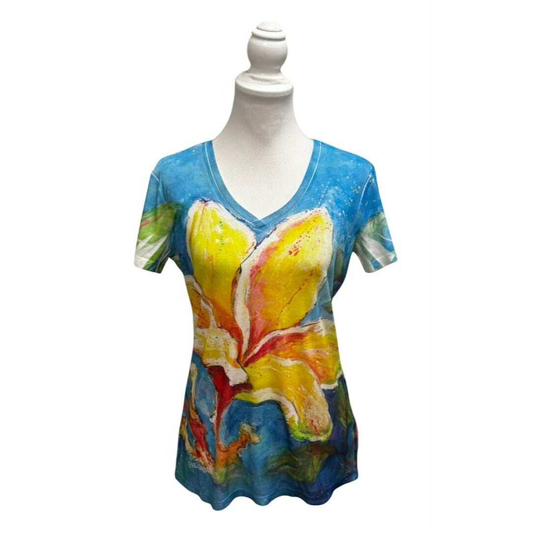 Leoma Lovegrove Womens V-Neck Short Sleeve Artistic Floral Print Top Size M