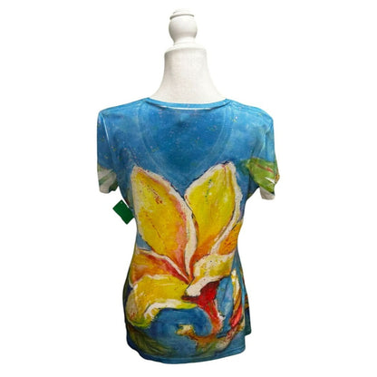 Leoma Lovegrove Womens V-Neck Short Sleeve Artistic Floral Print Top Size M