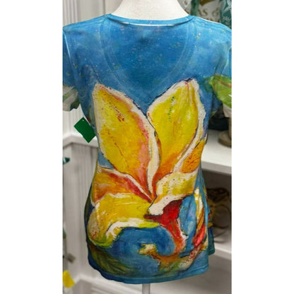 Leoma Lovegrove Womens V-Neck Short Sleeve Artistic Floral Print Top Size M