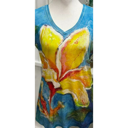 Leoma Lovegrove Womens V-Neck Short Sleeve Artistic Floral Print Top Size M