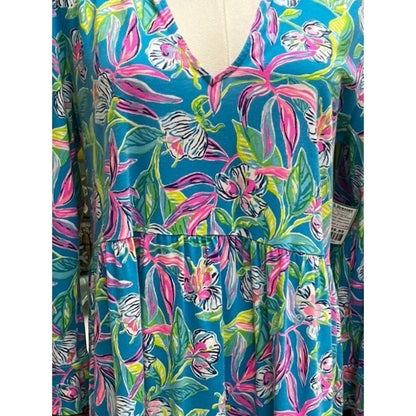 Lilly Pulitzer Alaina Formentera Turquoise Blue 100% Cotton Floral Dress Sz Medium