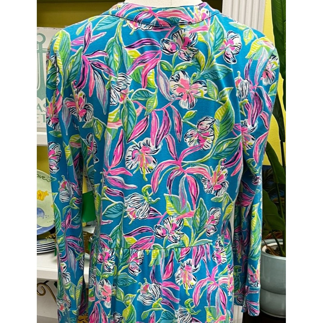 Lilly Pulitzer Alaina Formentera Turquoise Blue 100% Cotton Floral Dress Sz Medium