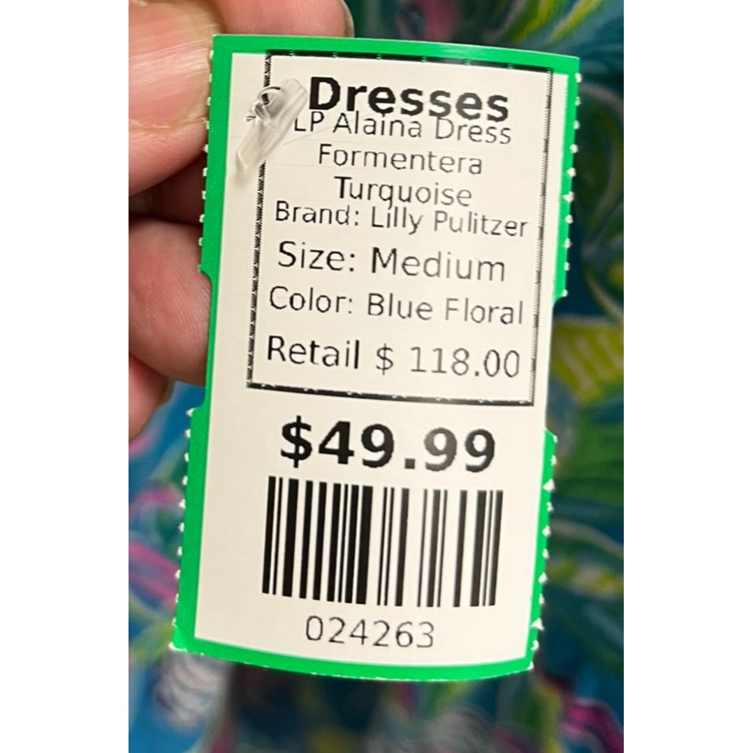 Lilly Pulitzer Alaina Formentera Turquoise Blue 100% Cotton Floral Dress Sz Medium