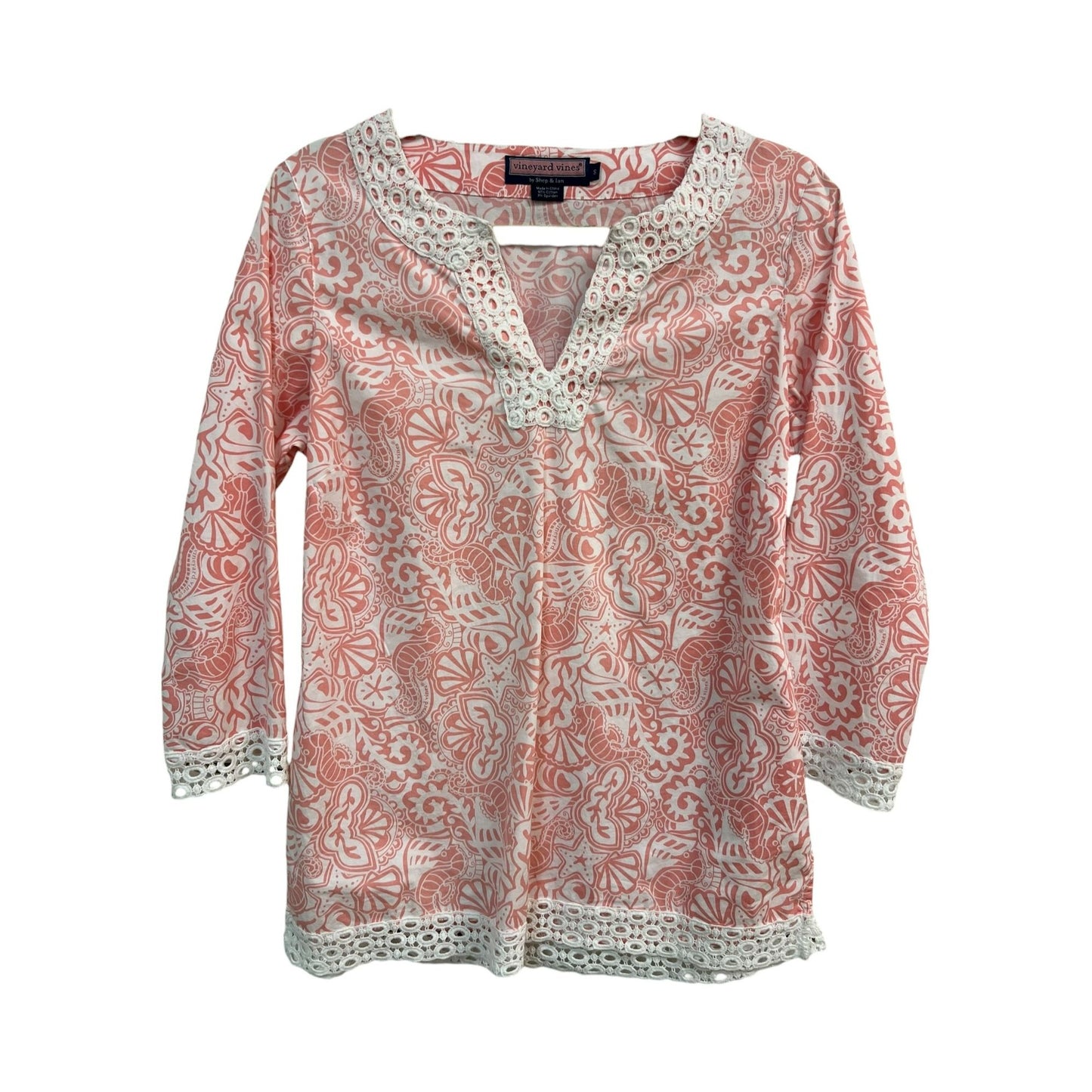 Vineyard Vines Pink Shell Sealife Lace Trim Tunic Size Small
