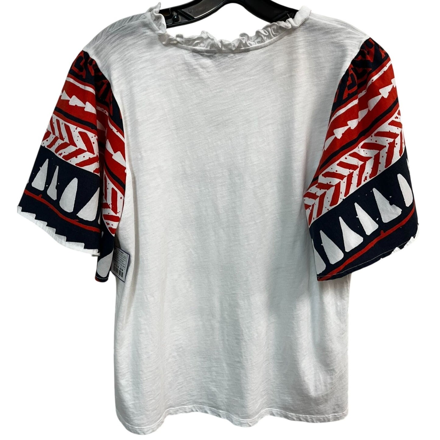 G By Giuliana Womens White Top W/ Aztec Print Sleeves V-Neck Cotton Blend Size Large