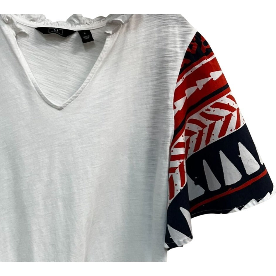 G By Giuliana Womens White Top W/ Aztec Print Sleeves V-Neck Cotton Blend Size Large