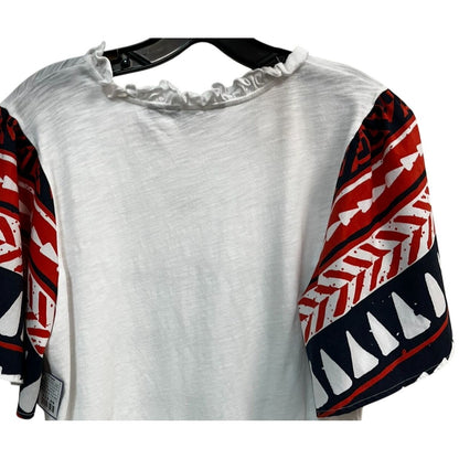 G By Giuliana Womens White Top W/ Aztec Print Sleeves V-Neck Cotton Blend Size Large