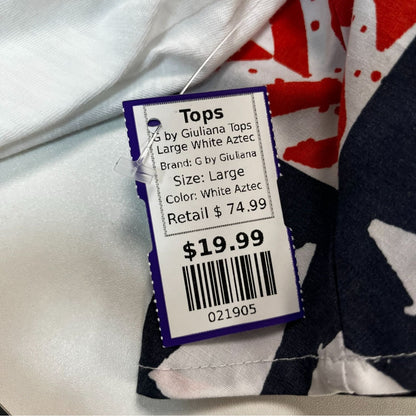 G By Giuliana Womens White Top W/ Aztec Print Sleeves V-Neck Cotton Blend Size Large