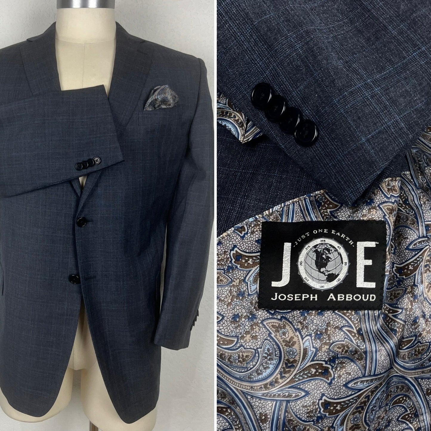 Joseph Abboud Custom Made To Measure Gray & Blue Plaid Blazer Sport Coat 44R