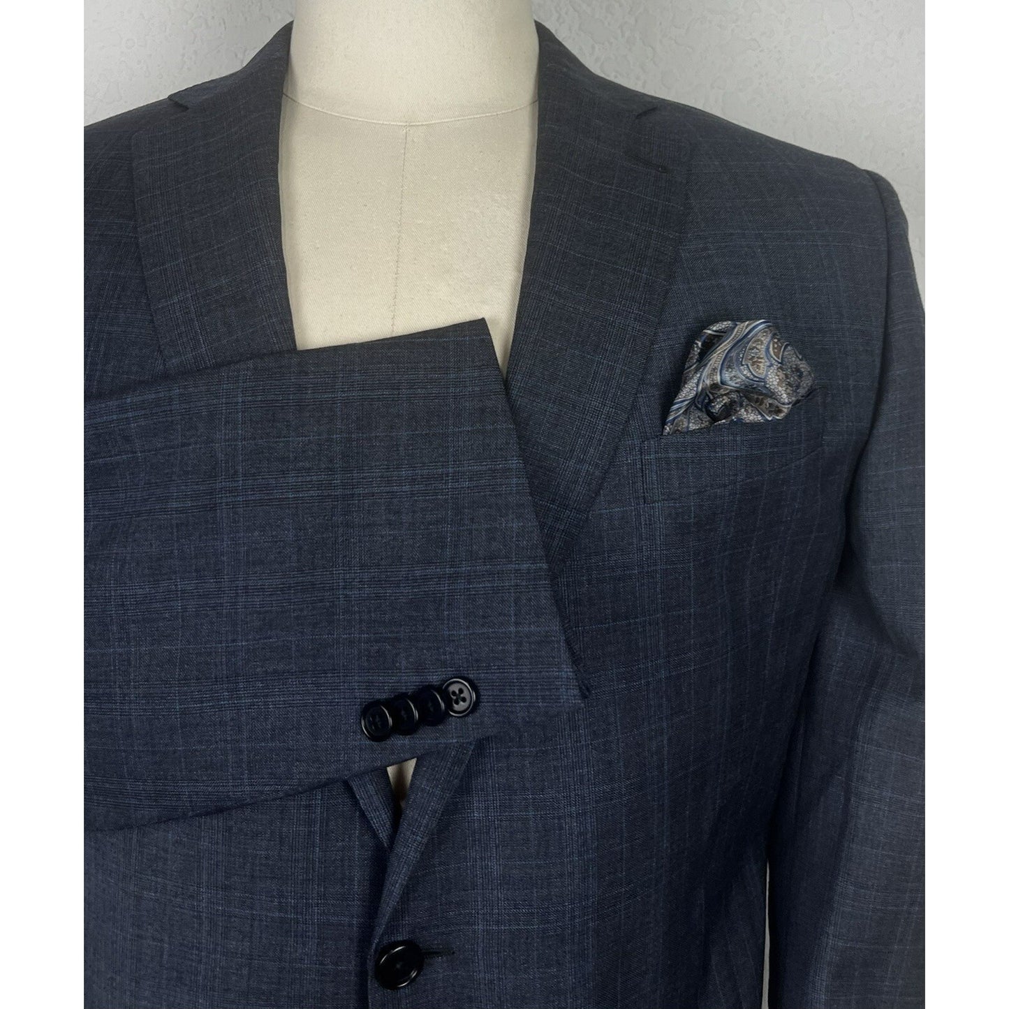 Joseph Abboud Custom Made To Measure Gray & Blue Plaid Blazer Sport Coat 44R