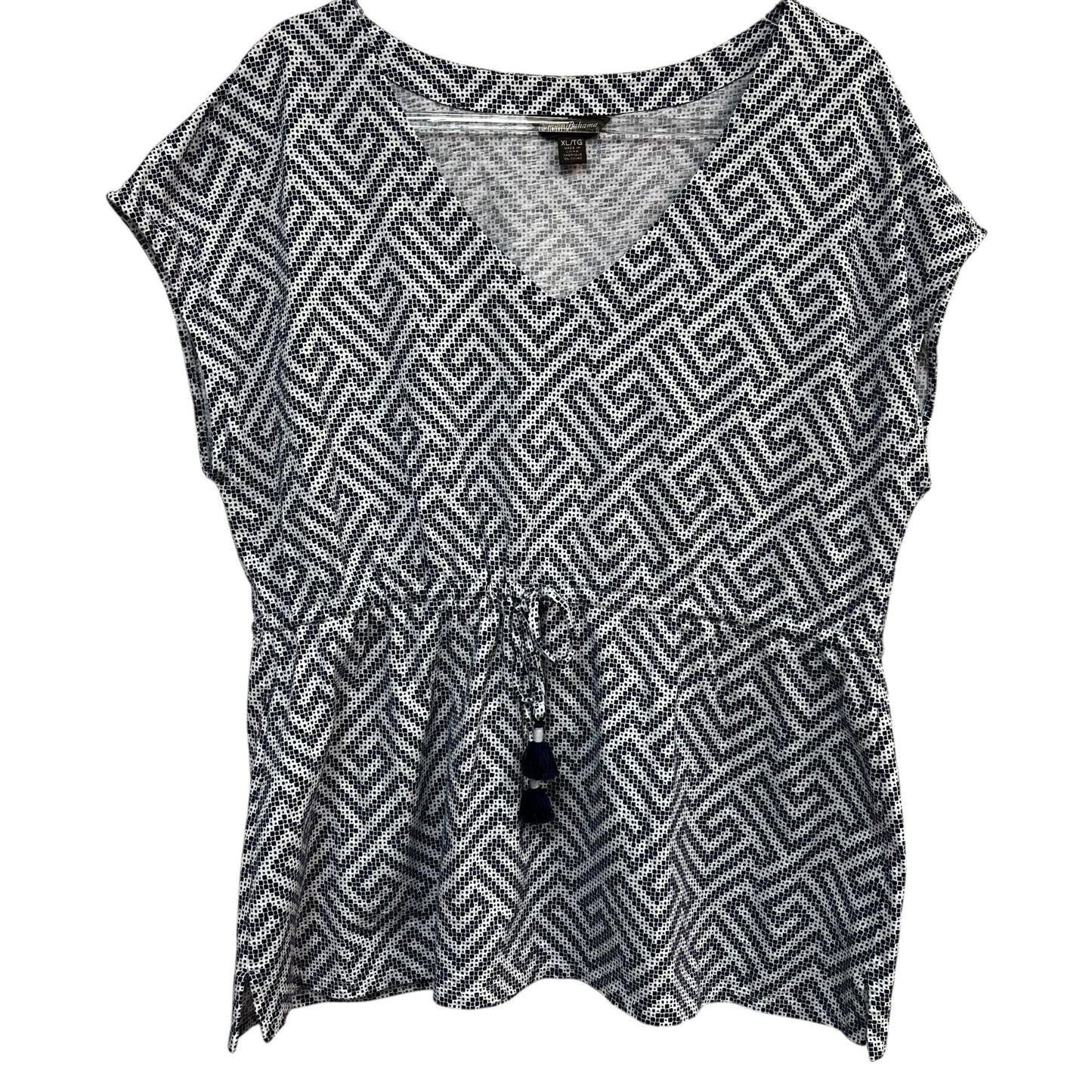 Tommy Bahama Blue and White Greek Cay Blouse Cinch Waist Tassel Size XL