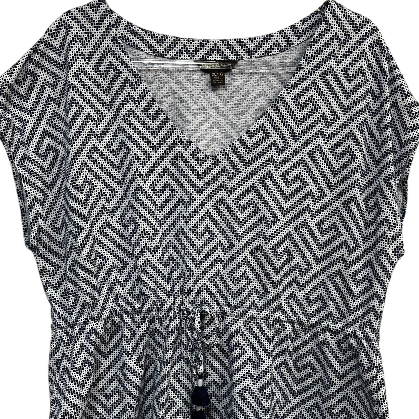 Tommy Bahama Blue and White Greek Cay Blouse Cinch Waist Tassel Size XL
