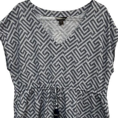 Tommy Bahama Blue and White Greek Cay Blouse Cinch Waist Tassel Size XL