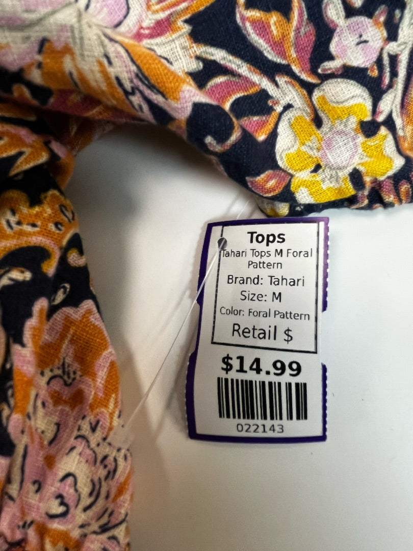 Tahari Navy Floral Short-Sleeve Blouse – Size Medium