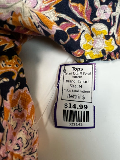 Tahari Navy Floral Short-Sleeve Blouse – Size Medium
