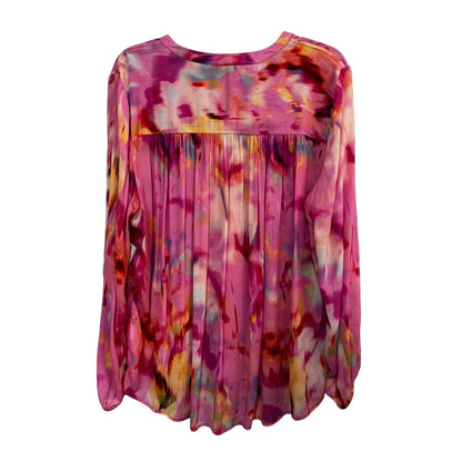 Liverpool Los Angeles Watercolor Fuchsia Shirred Long Sleeve Chiffon Button-Up Top Size 1X