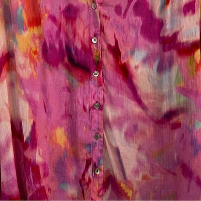 Liverpool Los Angeles Watercolor Fuchsia Shirred Long Sleeve Chiffon Button-Up Top Size 1X