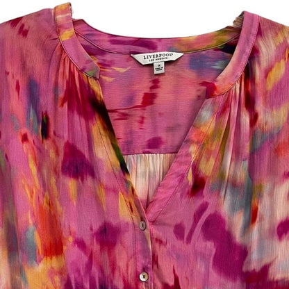 Liverpool Los Angeles Watercolor Fuchsia Shirred Long Sleeve Chiffon Button-Up Top Size 1X