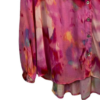 Liverpool Los Angeles Watercolor Fuchsia Shirred Long Sleeve Chiffon Button-Up Top Size 1X