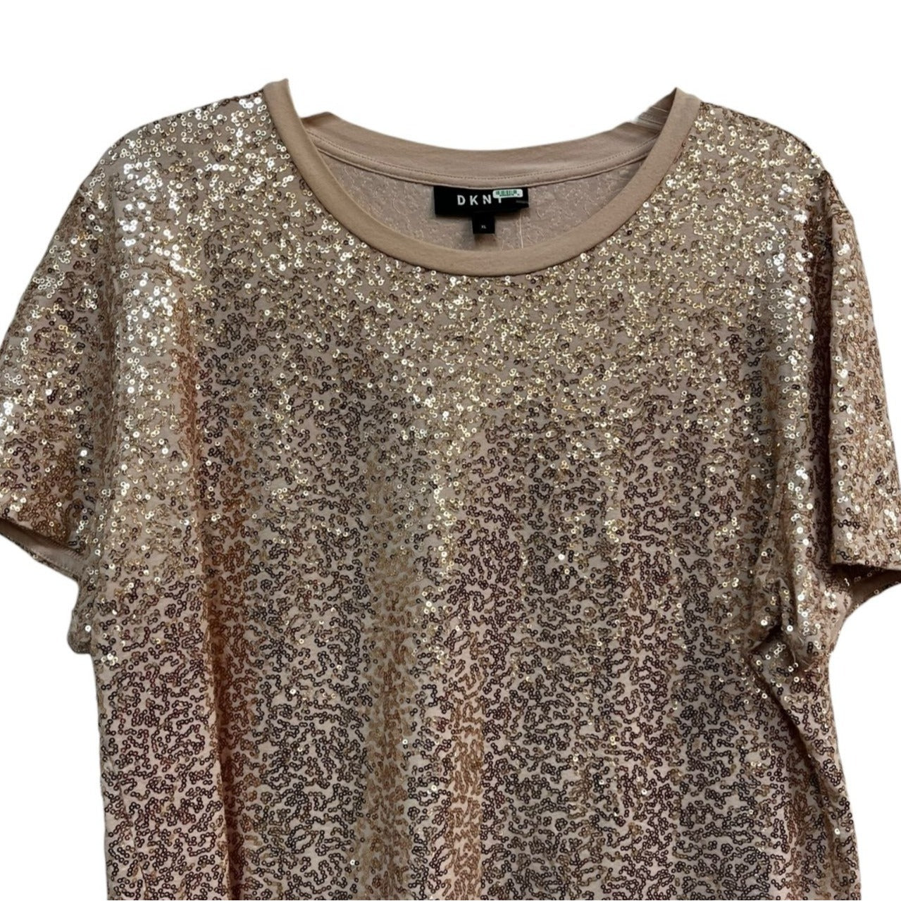 DKNY Rose Gold Sequin Sparkly Partywear Short Sleeve Top Size XL
