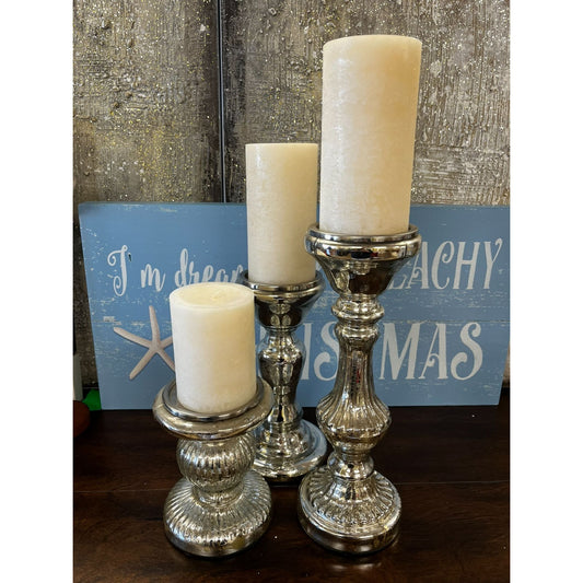 Silver Mercury Glass Candle Holder With Cream Pillar Candle